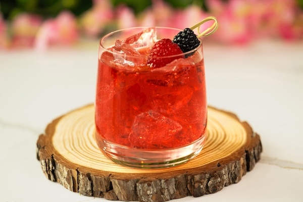a glass of red drink with ice and berries on a wooden slice